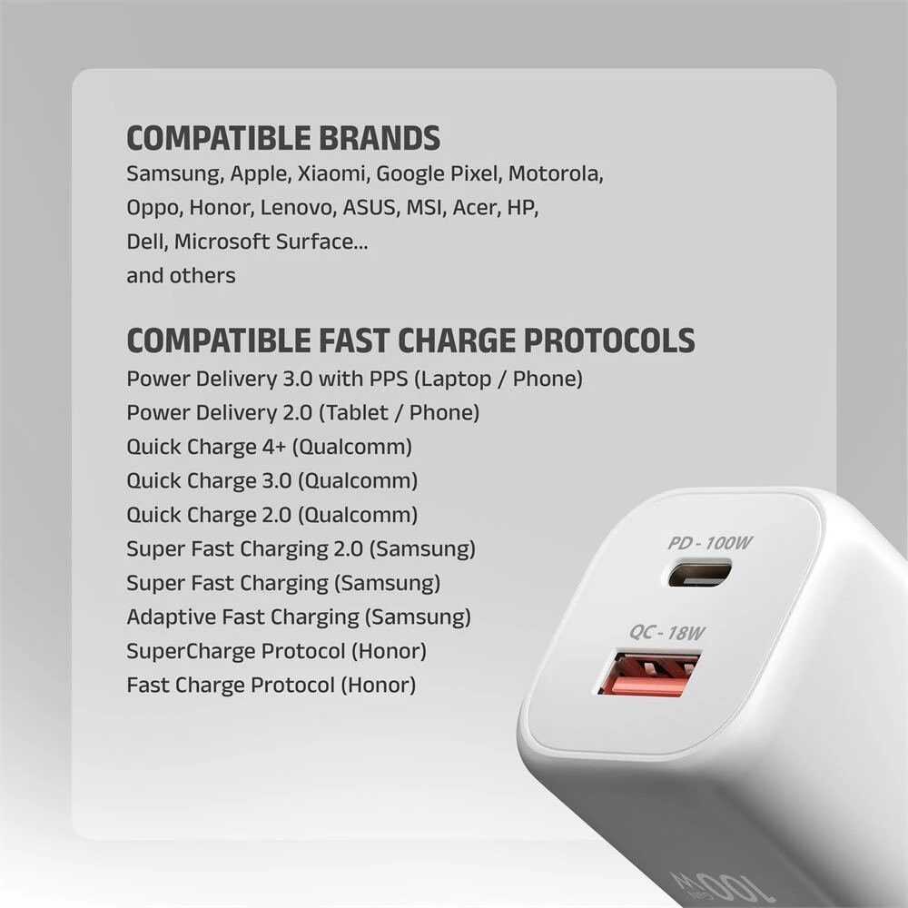 Nešiojamojo kompiuterio maitinimo adapteris Axagon GaN kroviklis jungiama į tinklą 100W, USB-A + USB-C, PD3.0/PPS/QC4+/SFC2.0/Apple, balta (ACU-PQ100W)