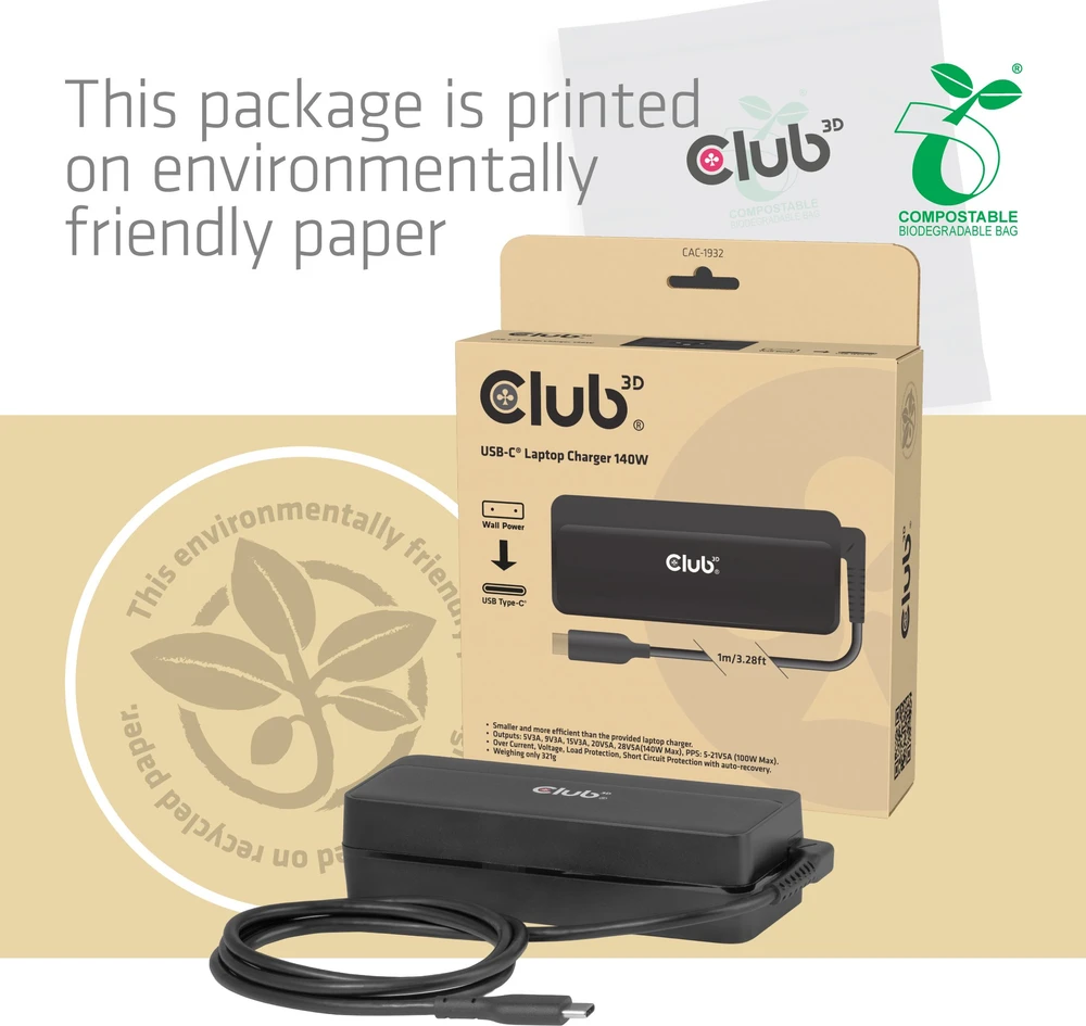 Club 3D Club3D nešiojamojo kompiuterio įkroviklis, USB-C, 140 W, 1 m