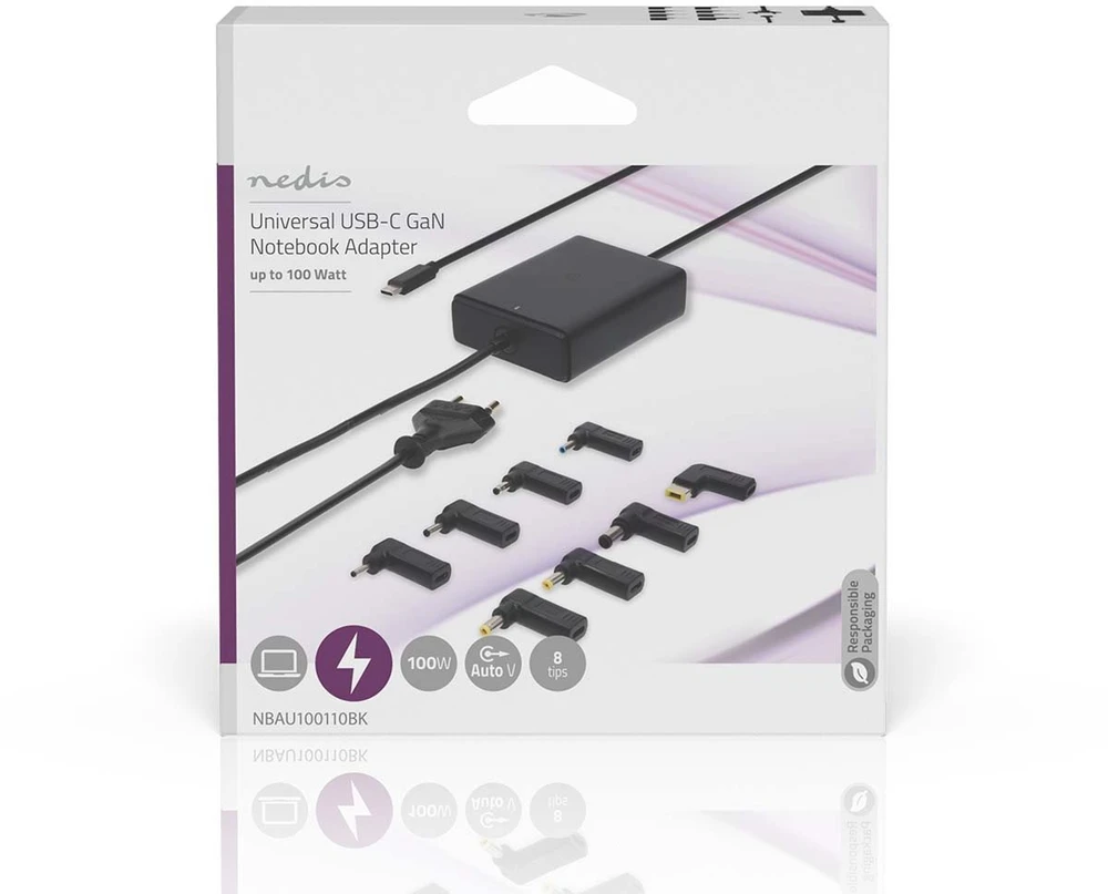 Nešiojamojo kompiuterio maitinimo adapteris Nedis 100 W, 5 A, (NBAU100110BK)