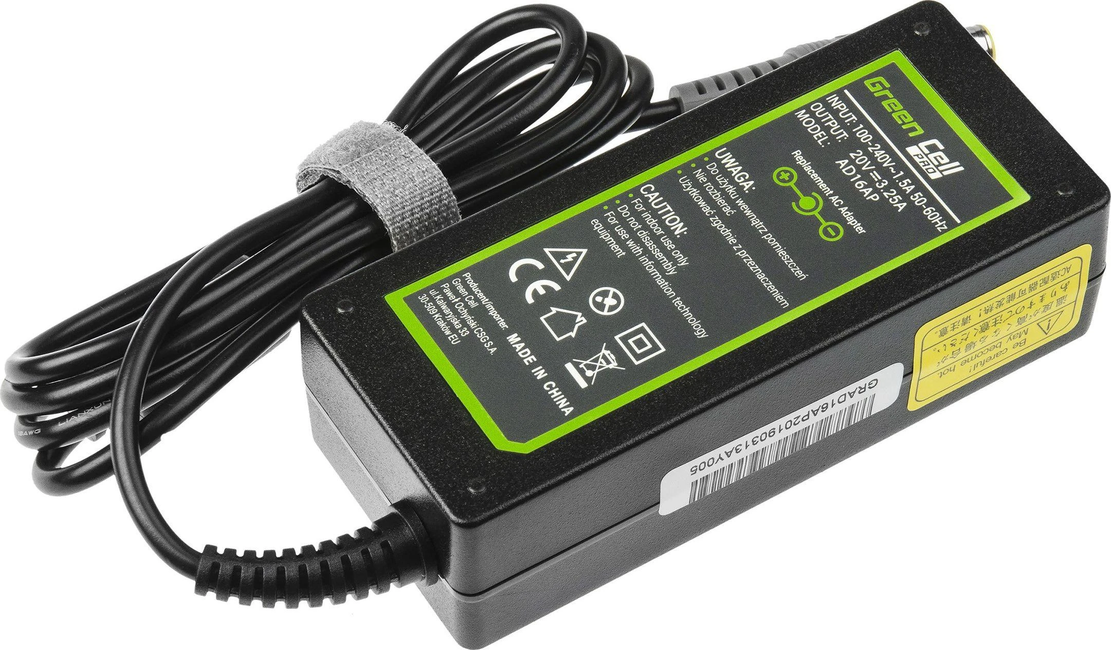 Green Cell Lenovo 65W įkroviklis su detalia technine informacine etikete