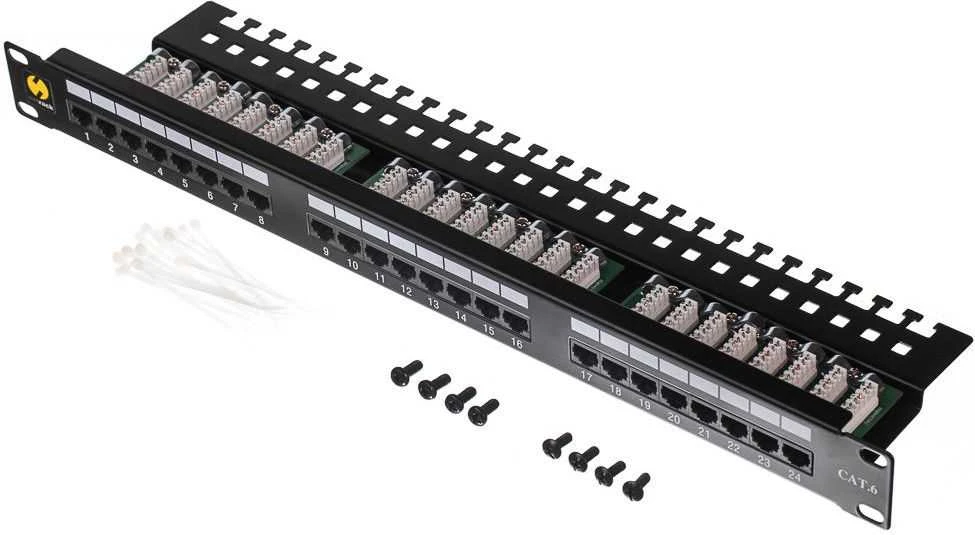 NETRACK 104-08 patch panel 19inch 24-jungtys kat. 6 UTP su lentyna