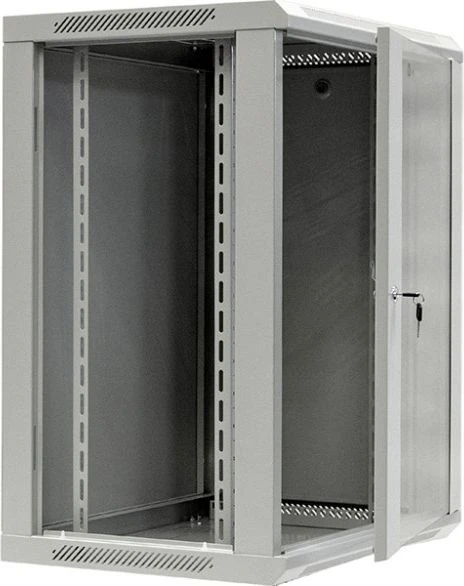NETRACK 019-150-645-021 sieninė/pakabinama spintelė 19colių 15U/450mm stiklinių durų pilkas nuim. šoninė keptuvė.