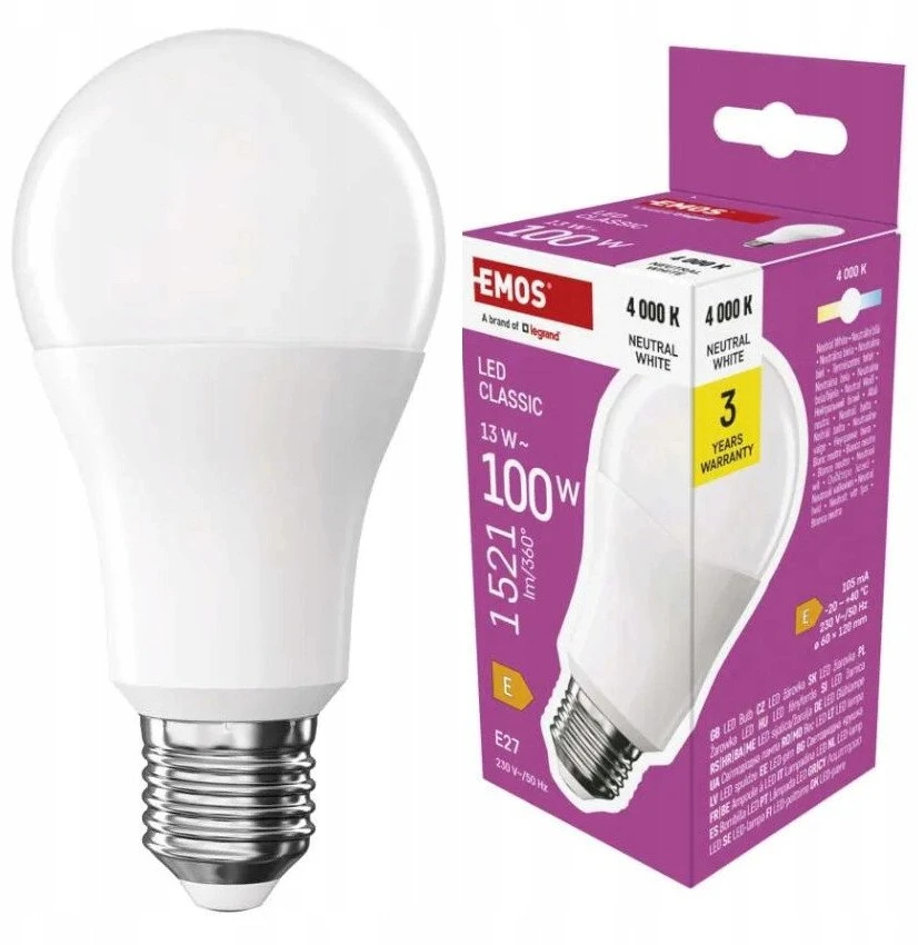 LED lemputė EMOS apšvietimas E27, 220-240V, 13.2W, 1521lm, 4000k, neutrali balta, 30000h, Classic A60 120x60x60mm
