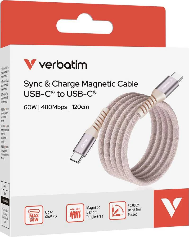 „Verbatim“ magnetinis sinchronizavimo ir įkrovimo laidas USB-C į USB-C, 60 W, 120 cm, Rožinė