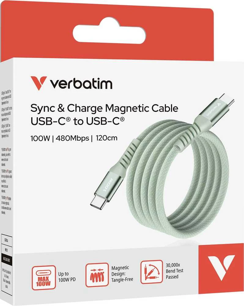 „Verbatim“ magnetinis sinchronizavimo ir įkrovimo kabelis USB-C į USB-C, 100 W, 120 cm, Žalias