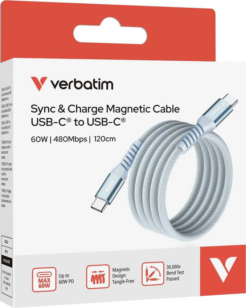 „Verbatim“ magnetinis sinchronizavimo ir įkrovimo laidas USB-C į USB-C, 60 W, 120 cm, Mėlyna