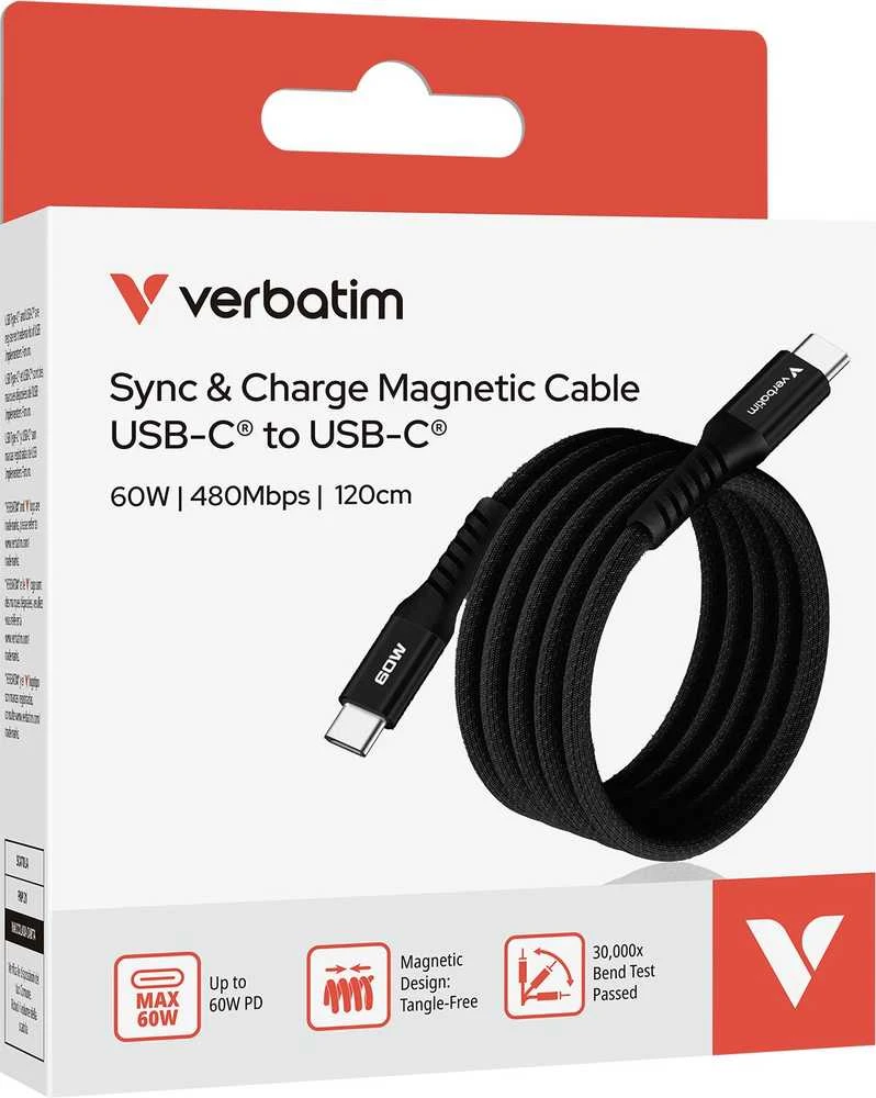 „Verbatim“ magnetinis sinchronizavimo ir įkrovimo laidas USB-C į USB-C, 60 W, 120 cm, Juodas
