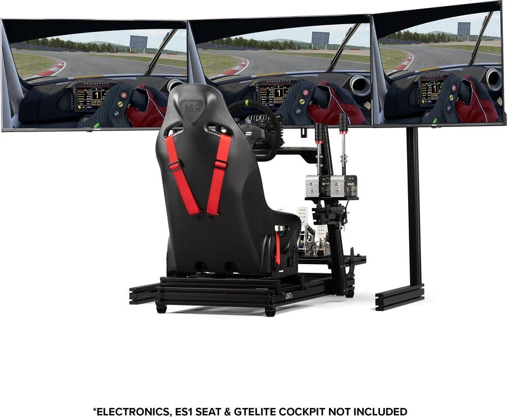 Laikiklis „Next Level Racing“ grindų stovas | ELITE laisvai stovintis trigubas monitorius stovas | Visiškai reguliuojamas ir pritaikomas | 21–43 coliai | Juodas