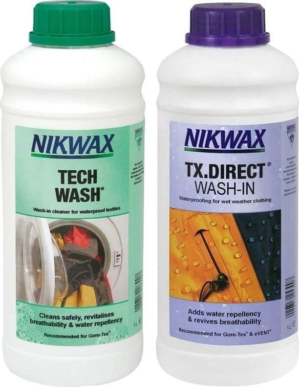Komplektas Nikwax skalbiklis ir impregnavimo priemonė (TECH WASH 1 Ltr + TX. DIRECT WASH-IN 1 Ltr)