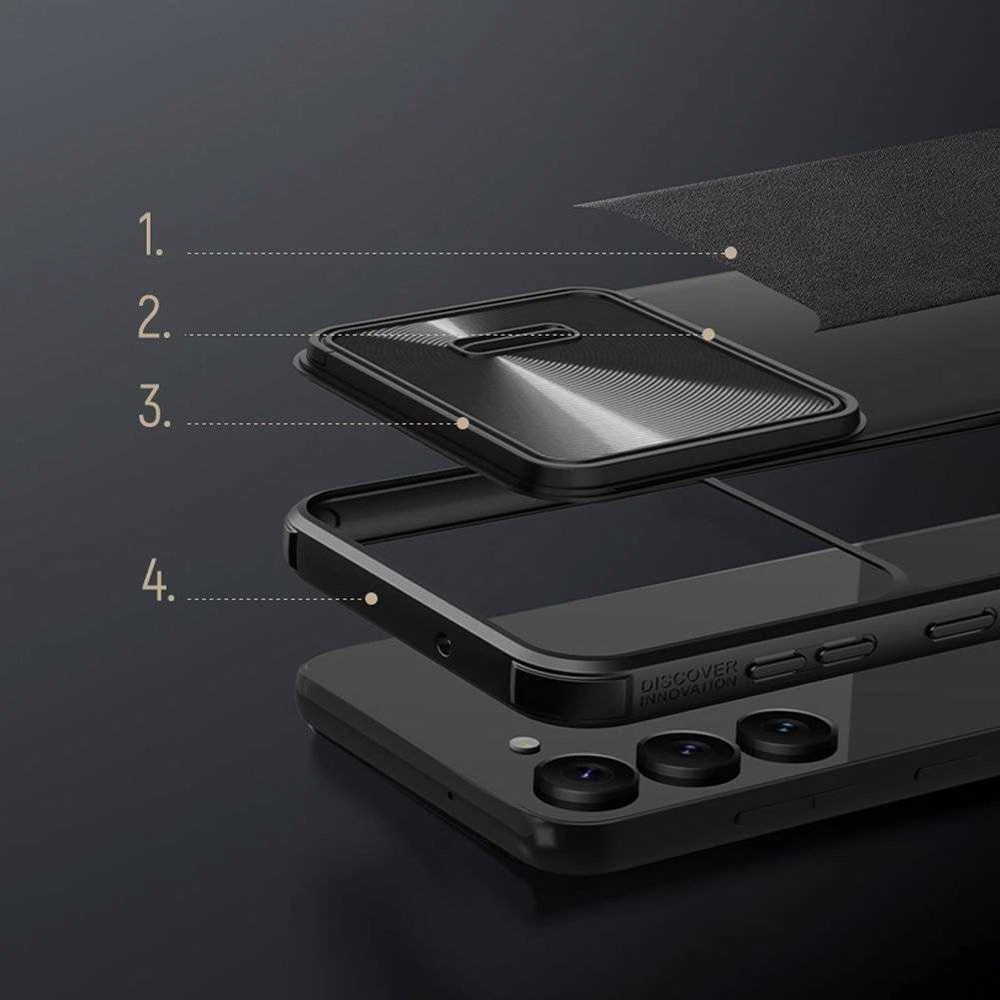 Nillkin CamShield Leather S Samsung Galaxy S23 Plus camera dėklas telefonui juodos spalvos