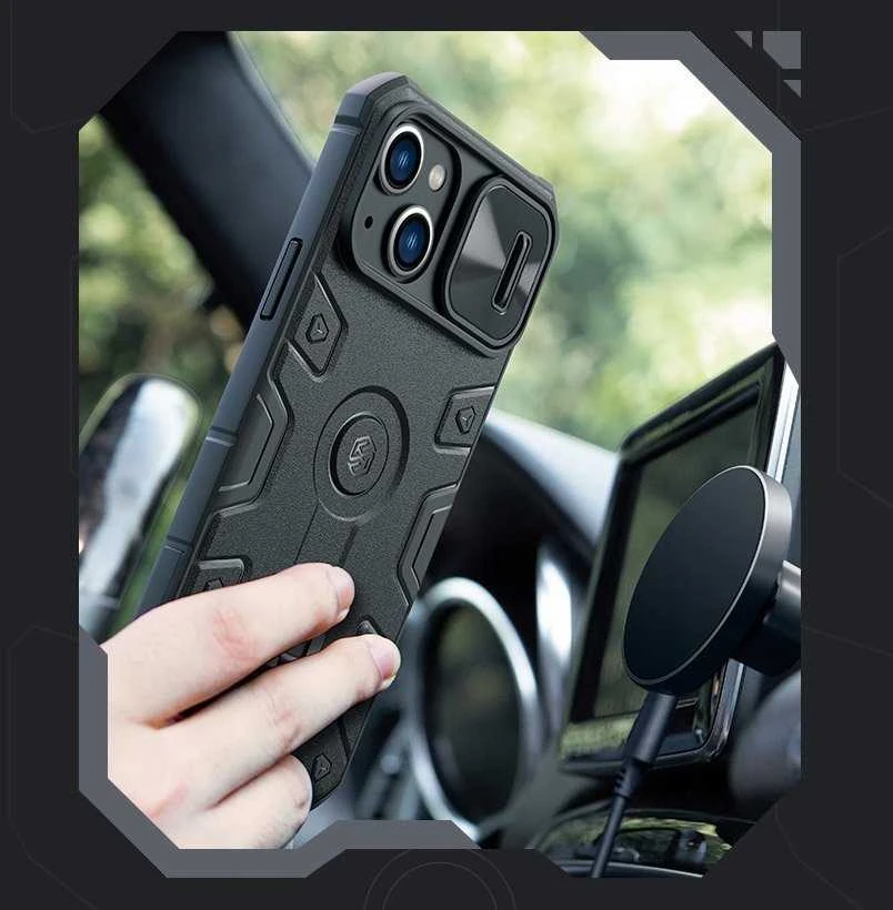 Nillkin CamShield Armor Pro Magnetic Apple iPhone 14 Plus MagSafe armored stand ring dėklas telefonui juodos spalvos