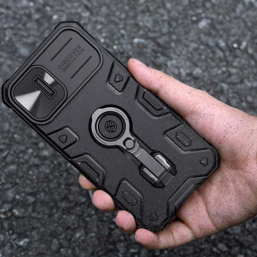 Nillkin CamShield Armor Pro Magnetic Apple iPhone 14 Plus MagSafe armored stand ring dėklas telefonui juodos spalvos