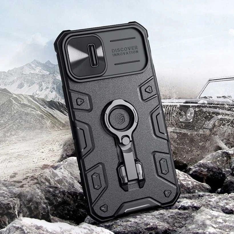 Nillkin CamShield Armor Pro Magnetic Apple iPhone 14 Plus MagSafe armored stand ring dėklas telefonui juodos spalvos