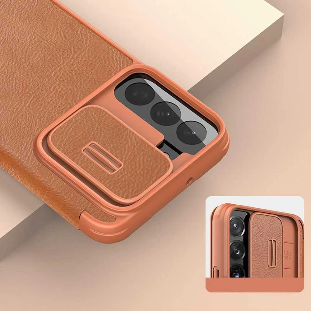 Nillkin Qin Leather Pro Samsung Galaxy S22+ (S22 Plus) Camera Protector Holster Cover Flip dėklas telefonui rudos spalvos