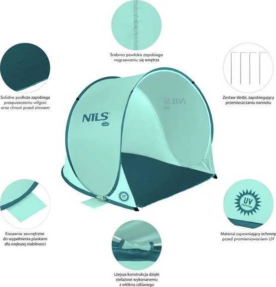 Nils Extreme NC3173 mėtų spalvos išskleidžiama paplūdimio palapinė NILS