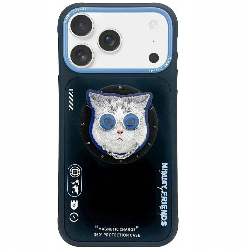 NIMMY dėklas GLASSES COOL CAT, suderinamas su „MagSafe“, skirtas IPHONE 17 Pro juodas mėlynas
