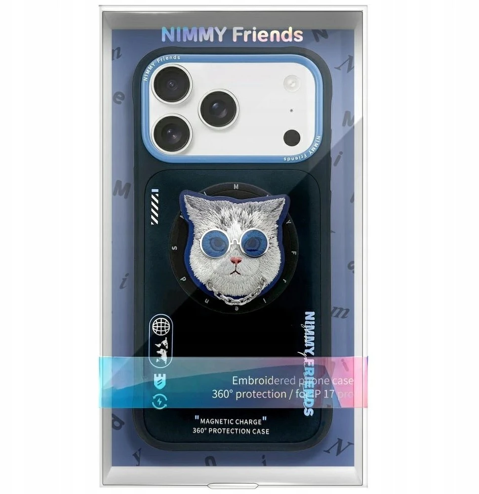 NIMMY dėklas GLASSES COOL CAT, suderinamas su „MagSafe“, skirtas IPHONE 17 Pro juodas mėlynas