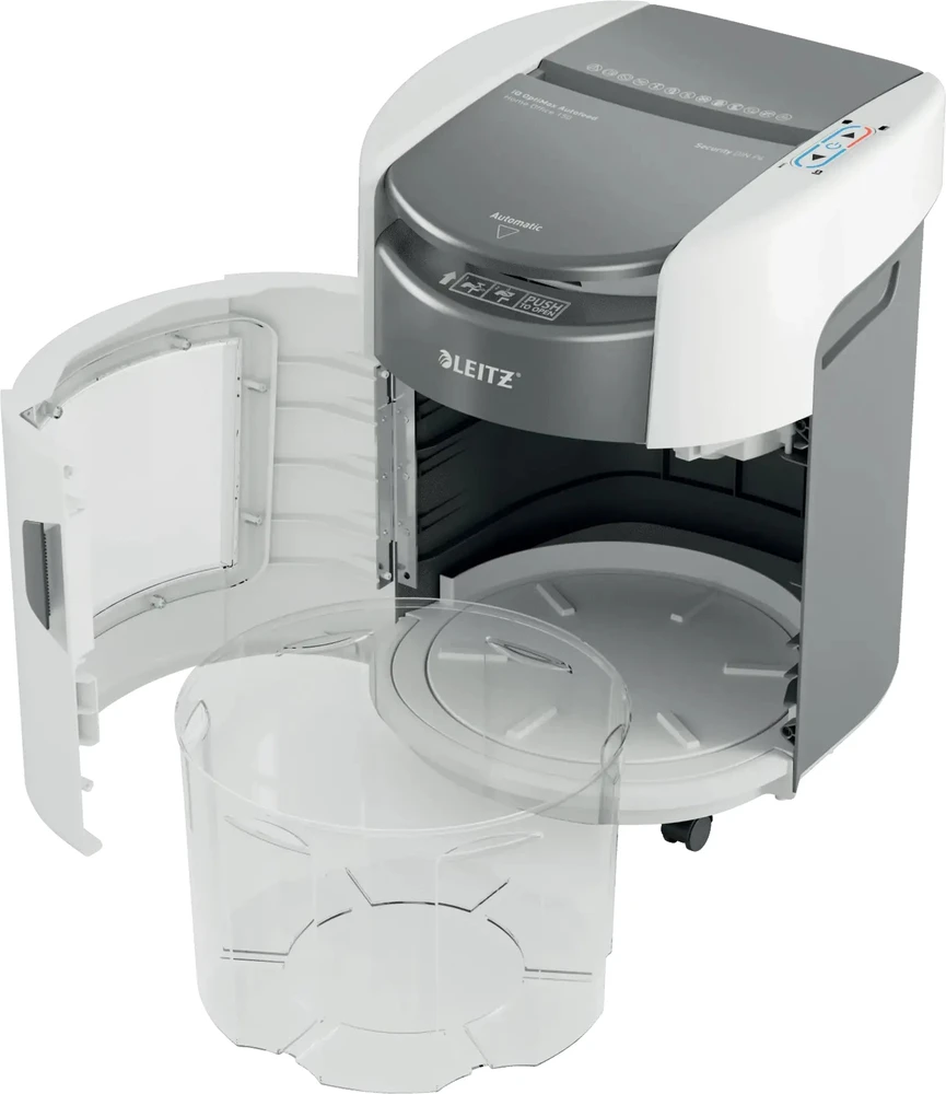 Leitz IQ Optimax AutoFeed 150 80380000 dokumentų smulkintuvas, P4, 150 lapų, 15 litrų talpos atliekų krepšys