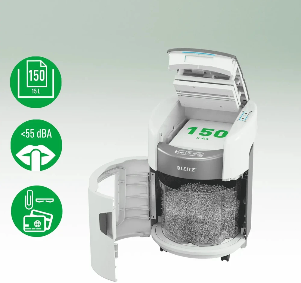Leitz IQ Optimax AutoFeed 150 80380000 dokumentų smulkintuvas, P4, 150 lapų, 15 litrų talpos atliekų krepšys