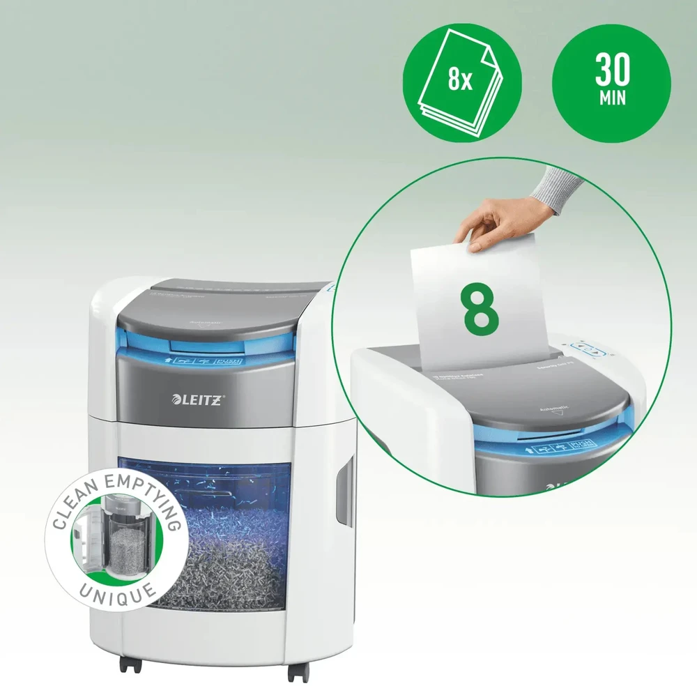 Leitz IQ Optimax AutoFeed 150 80380000 dokumentų smulkintuvas, P4, 150 lapų, 15 litrų talpos atliekų krepšys