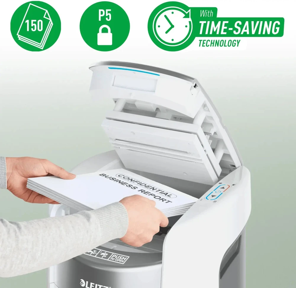 Leitz IQ Optimax AutoFeed 150 dokumentų smulkintuvas, P5, 150 lapų, 15 l