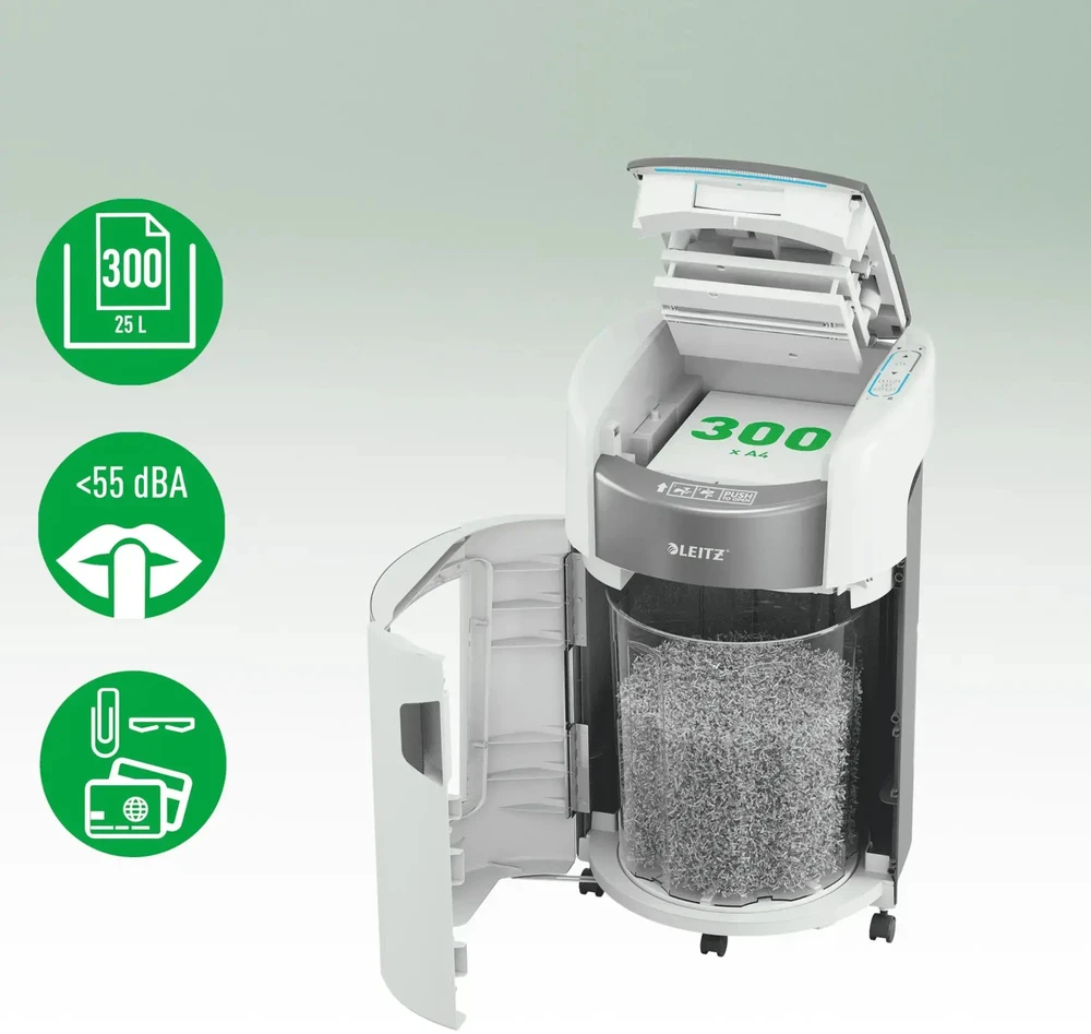 Leitz 80410000 IQ Optimax AutoFeed 300 dokumentų smulkintuvas, P5, 300 lapų, 25 litrų talpos atliekų dėžė