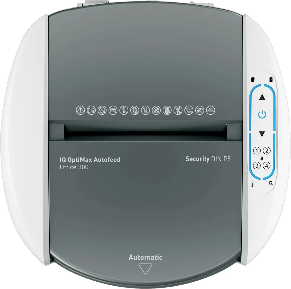 Leitz 80410000 IQ Optimax AutoFeed 300 dokumentų smulkintuvas, P5, 300 lapų, 25 litrų talpos atliekų dėžė