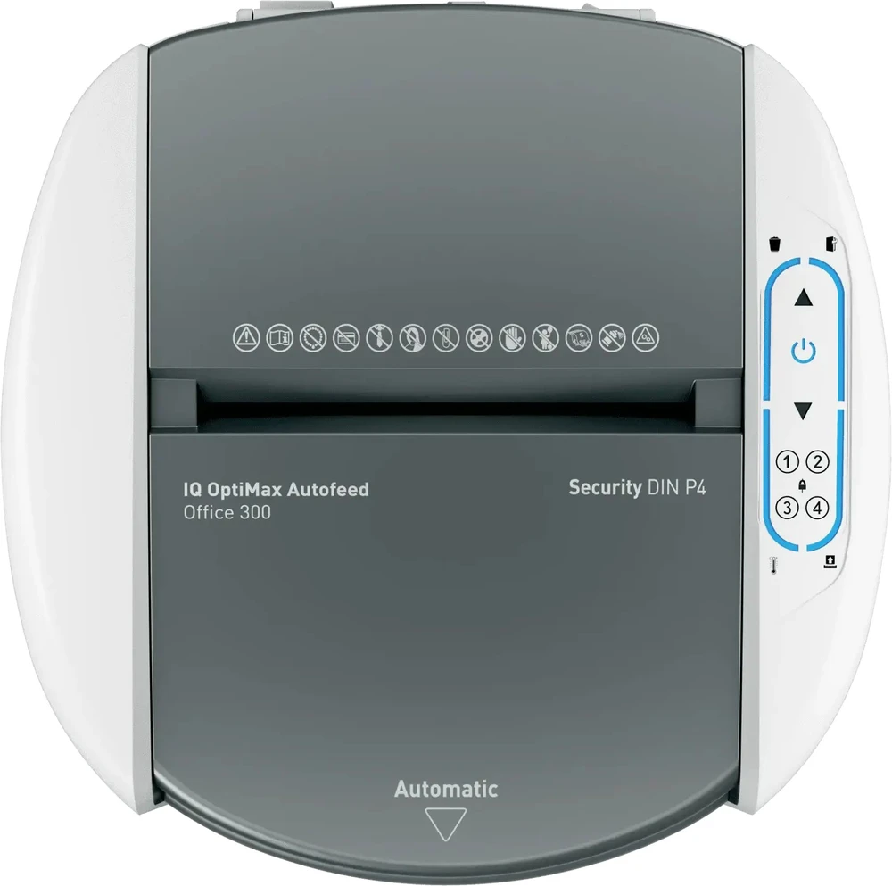 Leitz 80420000 IQ Optimax AutoFeed 300 dokumentų smulkintuvas, P4, 300 lapų, 25 litrų talpos atliekų bakas