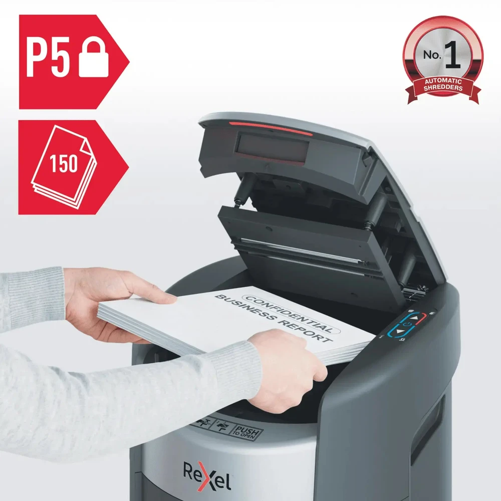 Rexel ShredMax AutoFeed+ 150M automatinis popieriaus smulkintuvas, P5, 150 lapų, 15 litrų atliekų talpa