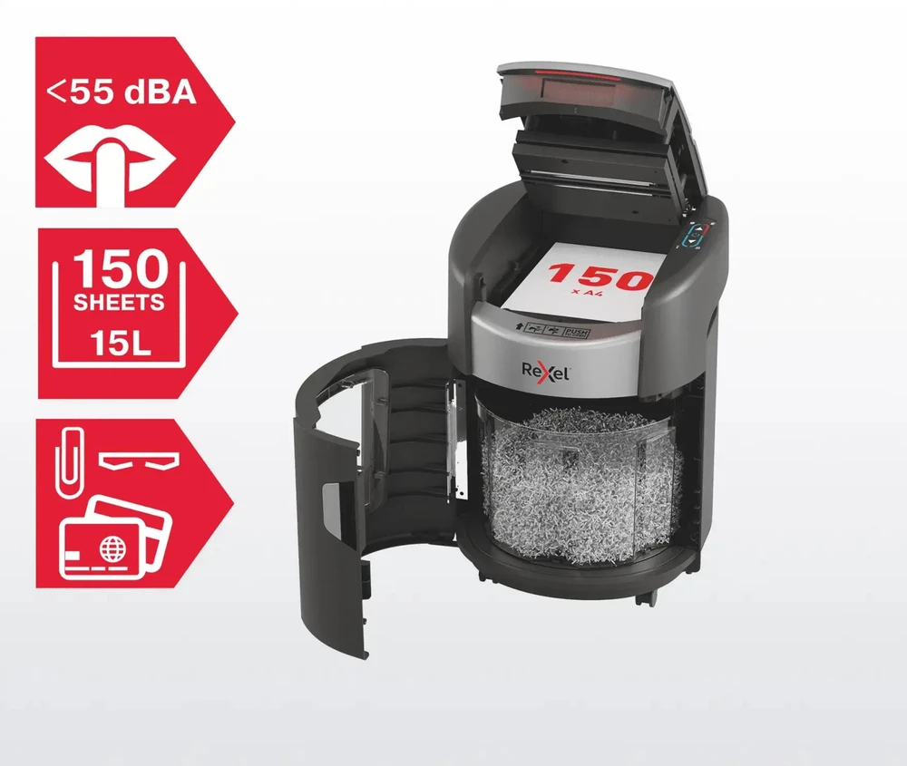 Rexel ShredMax AutoFeed+ 150M automatinis popieriaus smulkintuvas, P5, 150 lapų, 15 litrų atliekų talpa