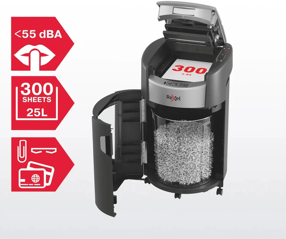 Rexel ShredMax AutoFeed+ 300X dokumentų smulkintuvas, P4, 300 lapų, 25 litrų talpos atliekų konteineris