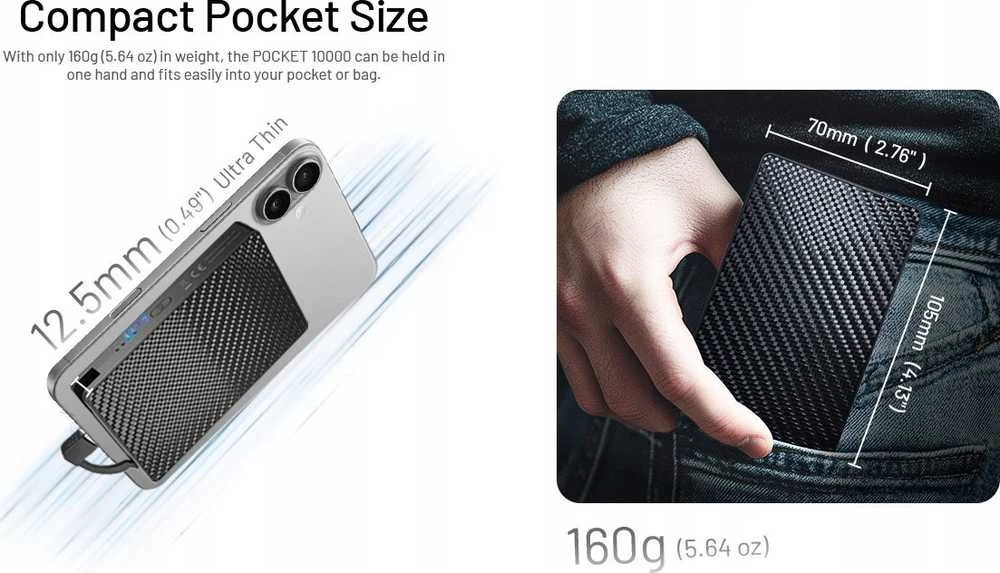 Nitecore Pocket 10000 USB-C maitinimo blokas su integruotu kabeliu