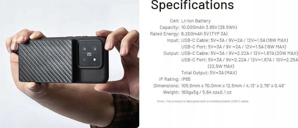 Nitecore Pocket 10000 USB-C maitinimo blokas su integruotu kabeliu