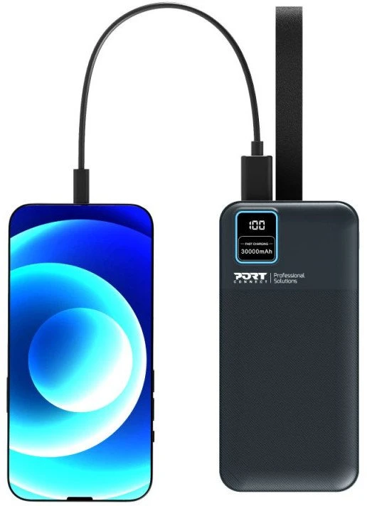 PORT CONNECT Išorinis USB-C akumuliatorius su integruota lempute | 30000 mAh | Mėlyna