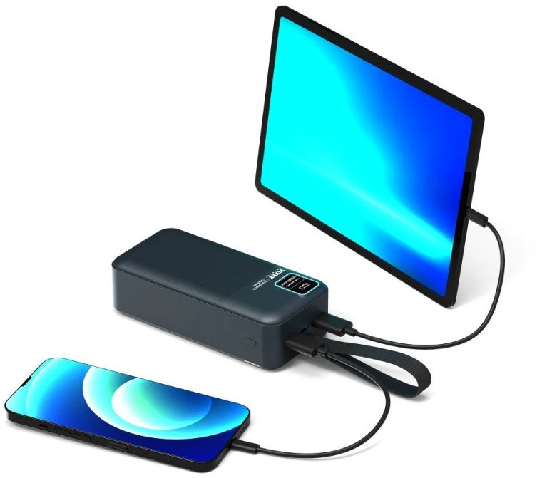 PORT CONNECT Išorinis USB-C akumuliatorius su integruota lempute | 30000 mAh | Mėlyna
