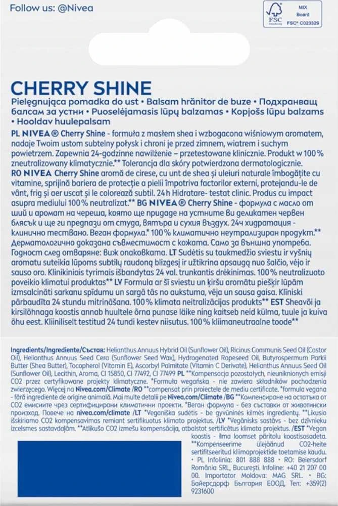 Nivea 24H Moisture lūpų dažai „Vyšnių spindesys“, 4,8 g