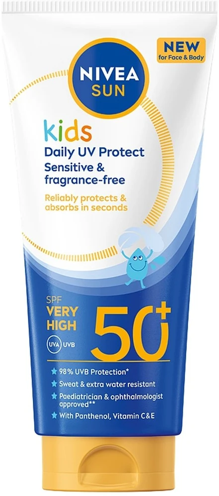 Nivea „Sun Kids Daily UV Protect“ apsauginis losjonas nuo saulės vaikams, skirtas veidui ir kūnui su labai didele apsauga nuo SPF 50+, 100 ml