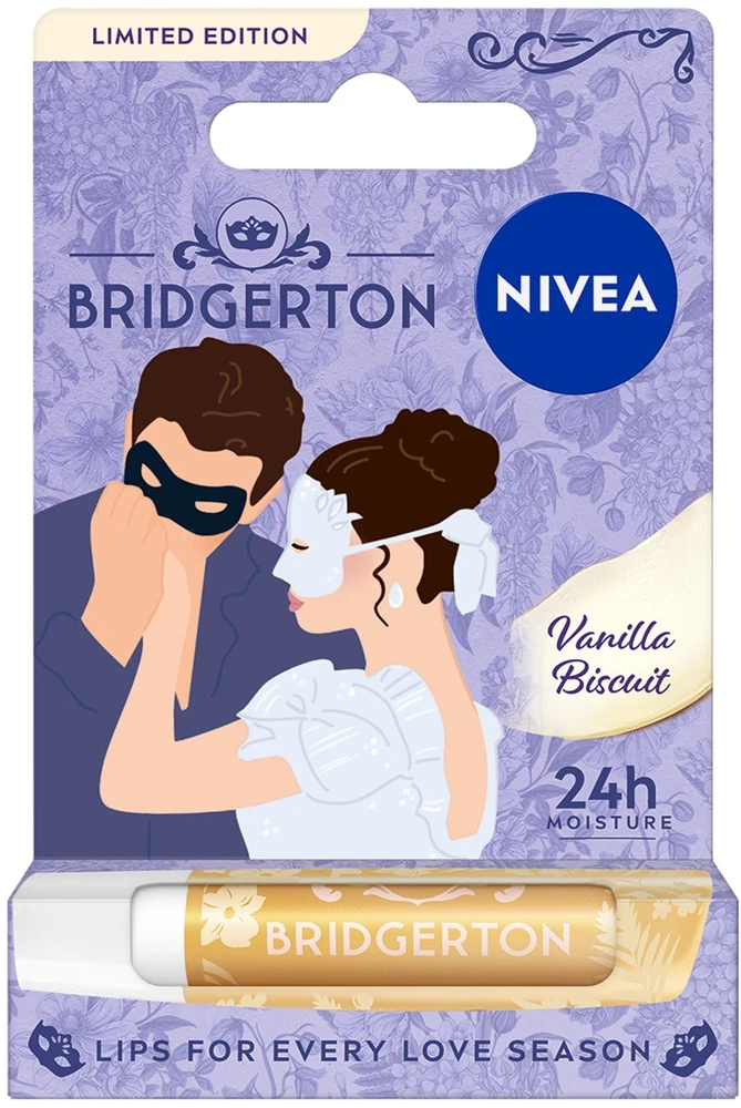 Nivea „Bridgerton Edition Sophie&Benedict“ maitinamieji lūpų dažai „Vanilla Biscuit“ 4,8 g