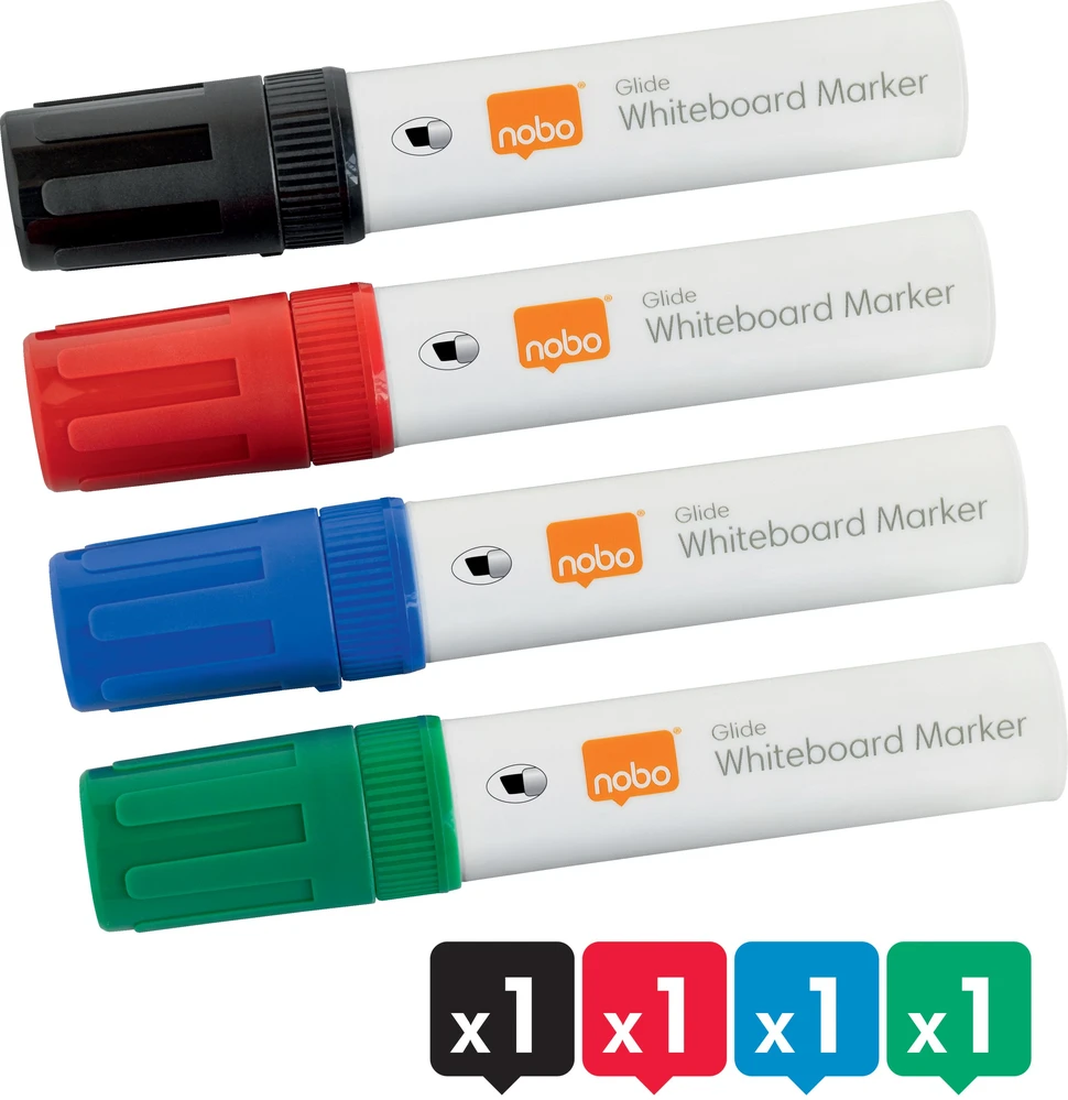 Nobo Nobo Glide whiteboard marker bred skrå spids 10 mm hurtigttørrende blæk, pakke/4 stk. Assorteret