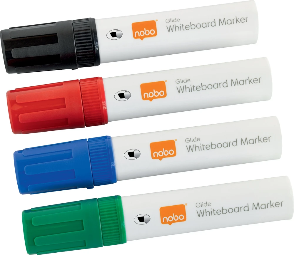 Nobo Nobo Glide whiteboard marker bred skrå spids 10 mm hurtigttørrende blæk, pakke/4 stk. Assorteret