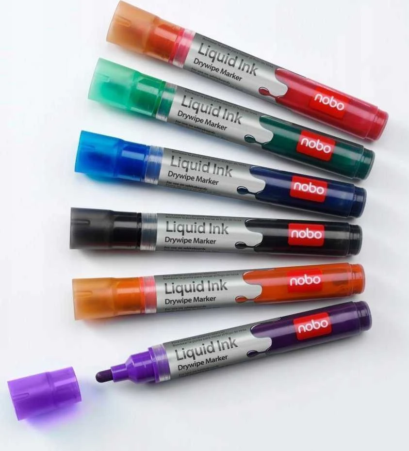 Baltos lentos žymekliai NOBO Liquid Ink, 6 vnt., įv. spalvų