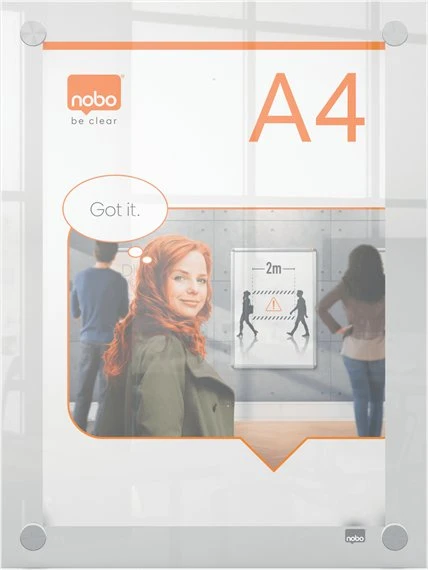Nobo Premium Plus A4 skaidrus akrilinis sieninis plakato rėmas, 297 x 210 mm, akrilinis, horizontaliai/vertikaliai, fiksuotas