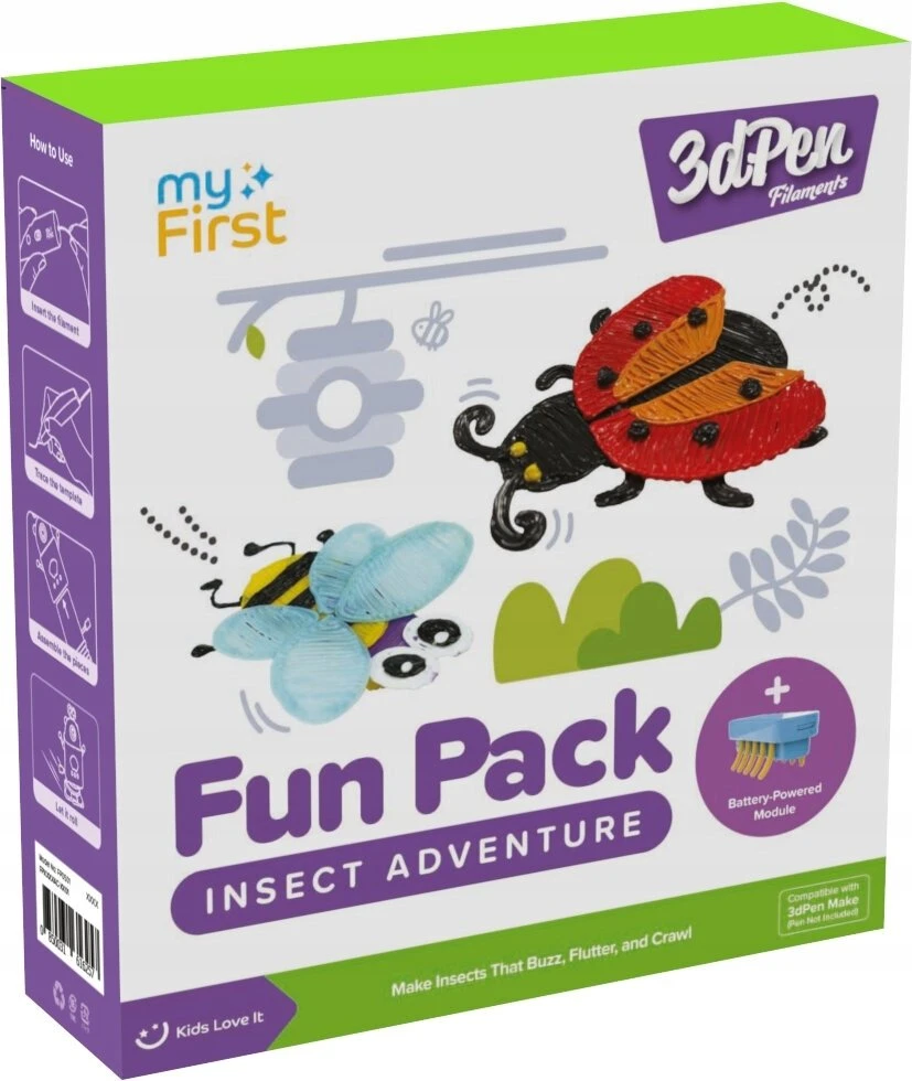 myFirst 3dPen Insect Adventure pakuotė su vabzdžių pavyzdžiais