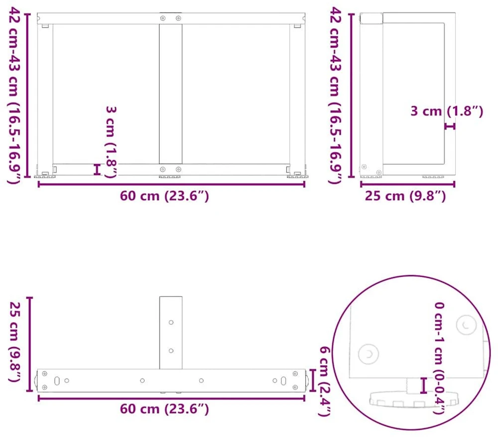 Kavos staliuko kojelės, 2 vnt., baltos, 60x25x(42-43) cm, plienas
