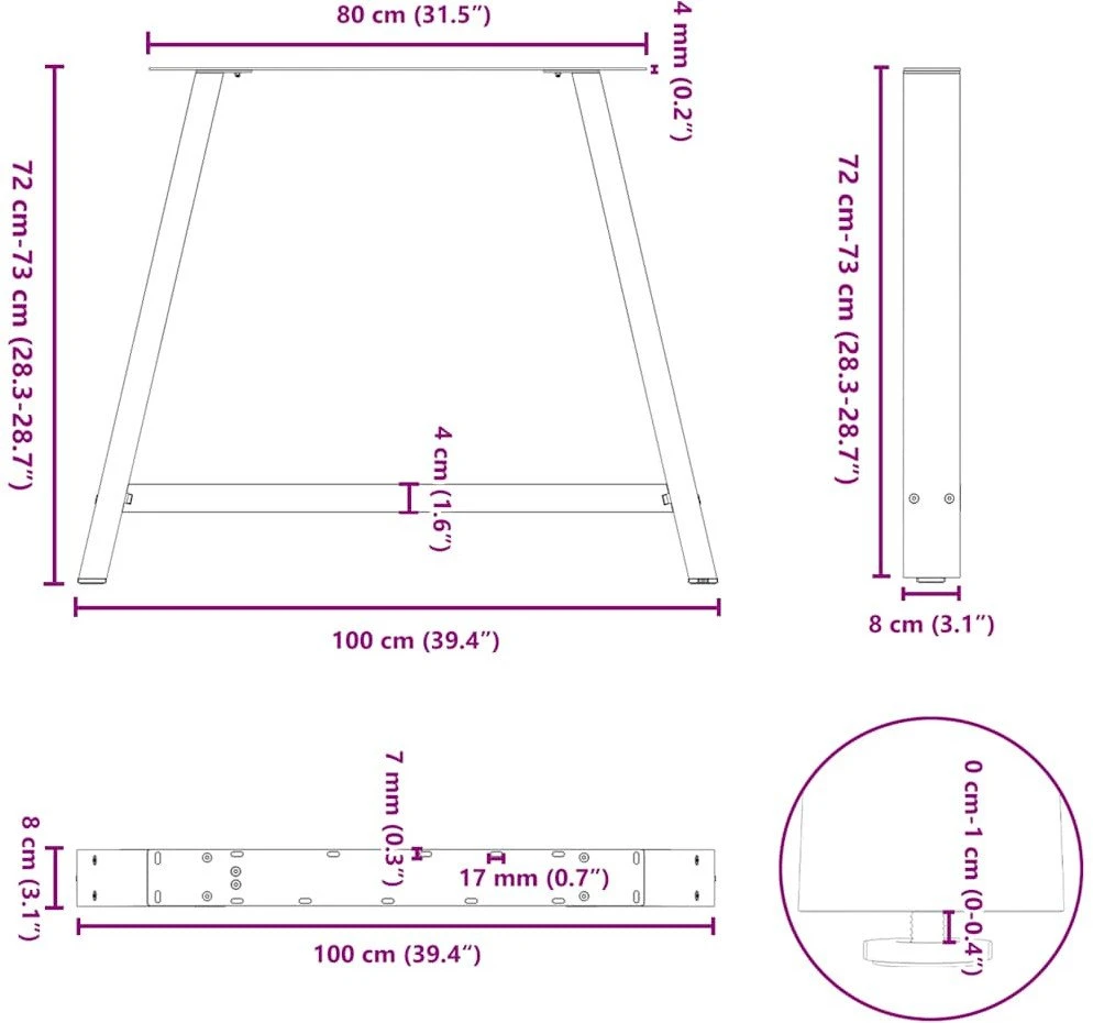 Valgomojo stalo kojelės, A formos, 2 vnt., 100 x (72-73) cm, plienas