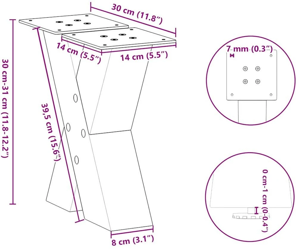 Kavos staliuko kojelės, X formos, 2 vnt., natūralus plienas, 30x(30-31) cm, plienas