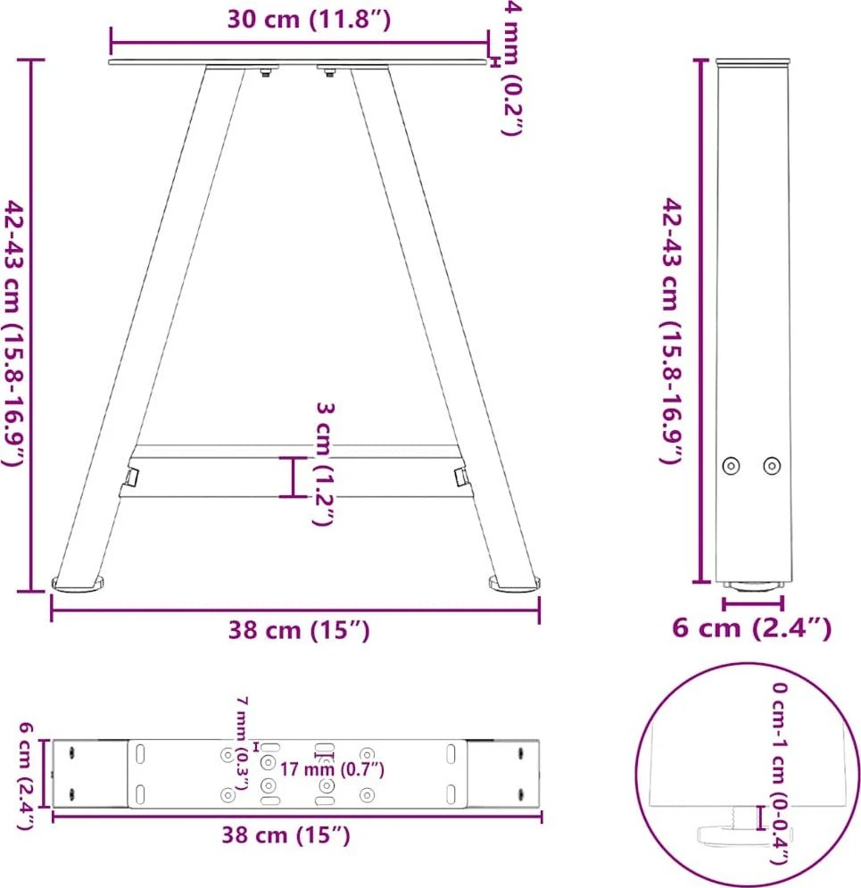 Kavos staliuko kojelės, A formos, 2 vnt., 38x(42-43) cm, plienas