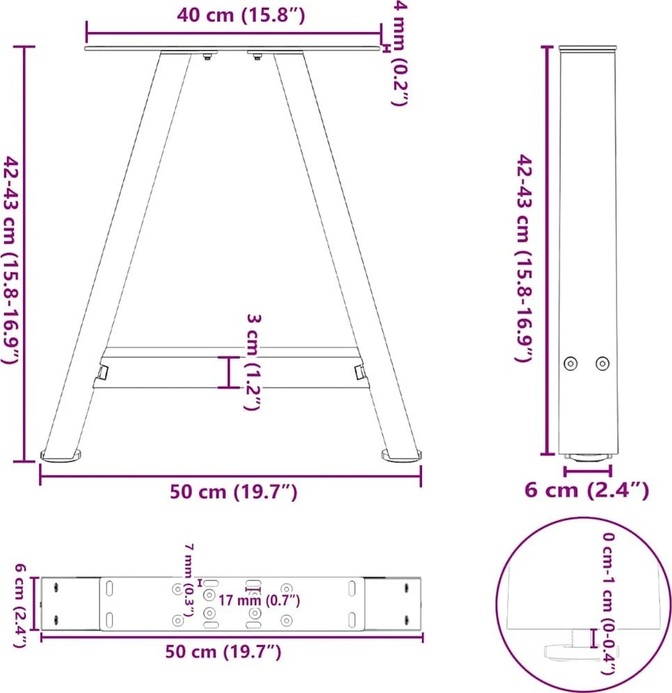 Kavos staliuko kojelės, A formos, 2 vnt., 50x(42-43) cm, plienas