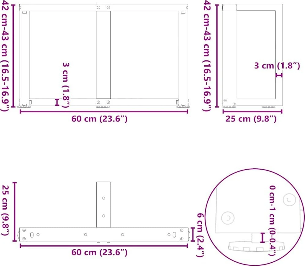 Kavos staliuko kojelės, 2 vnt., juodos, 60x25x(42-43) cm, plienas