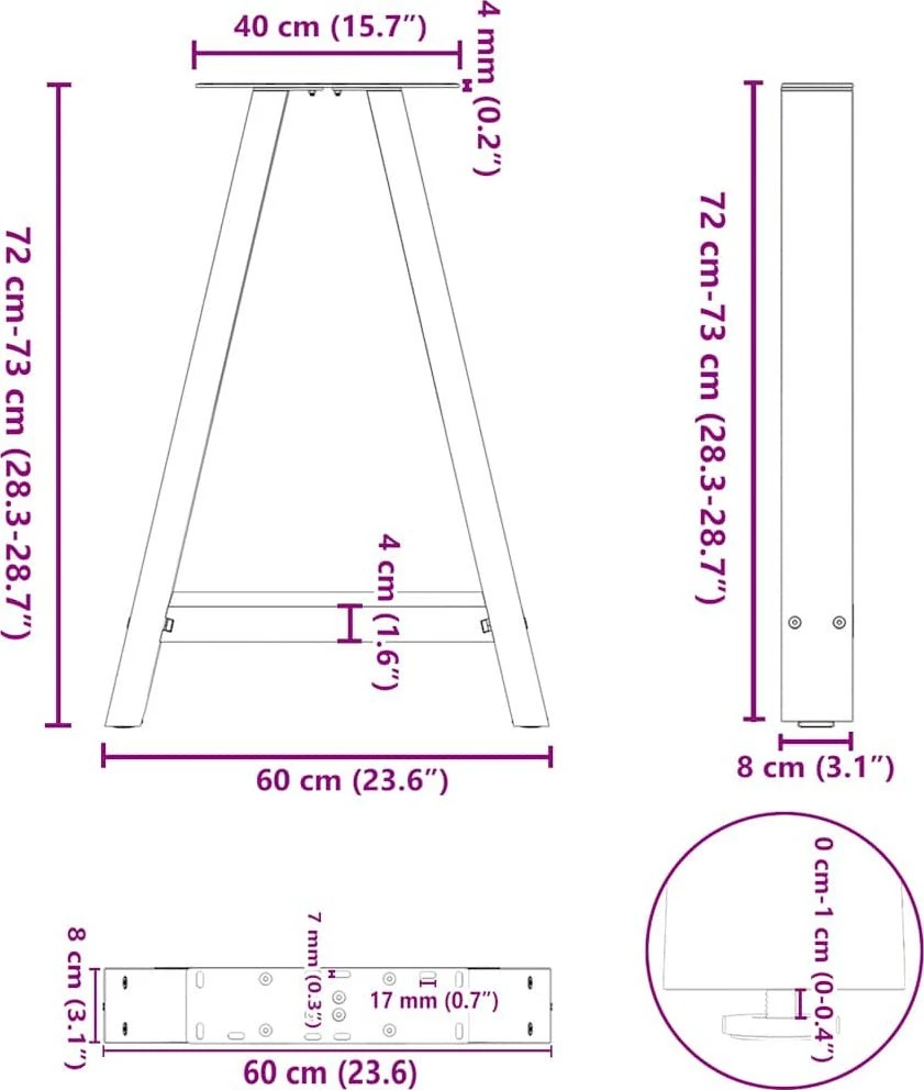Valgomojo stalo kojelės, A formos, 2 vnt., 60x(72-73) cm, plienas